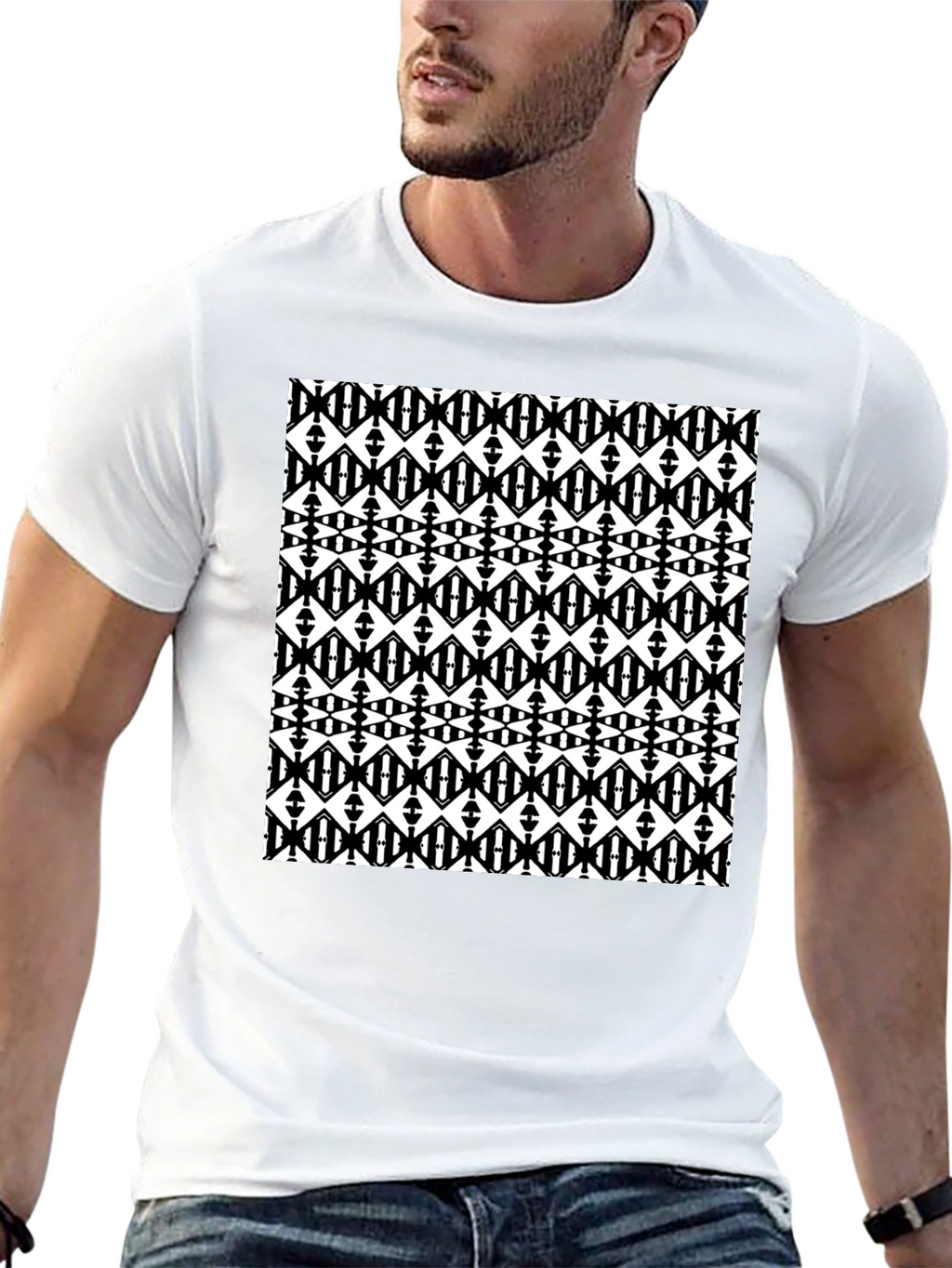 Black Graphic Tee - Geometric Diamond Pattern