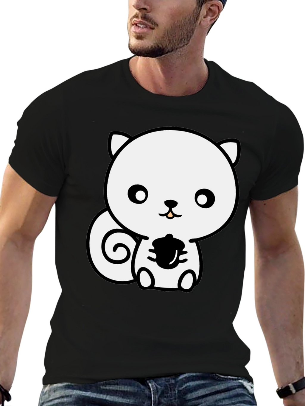 Cute Squirrel Holding Acorn Black T-Shirt