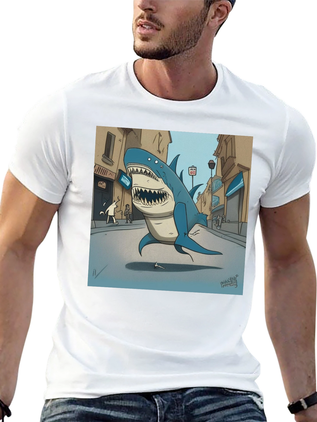 Shark City Cartoon Graphic Tee - Black