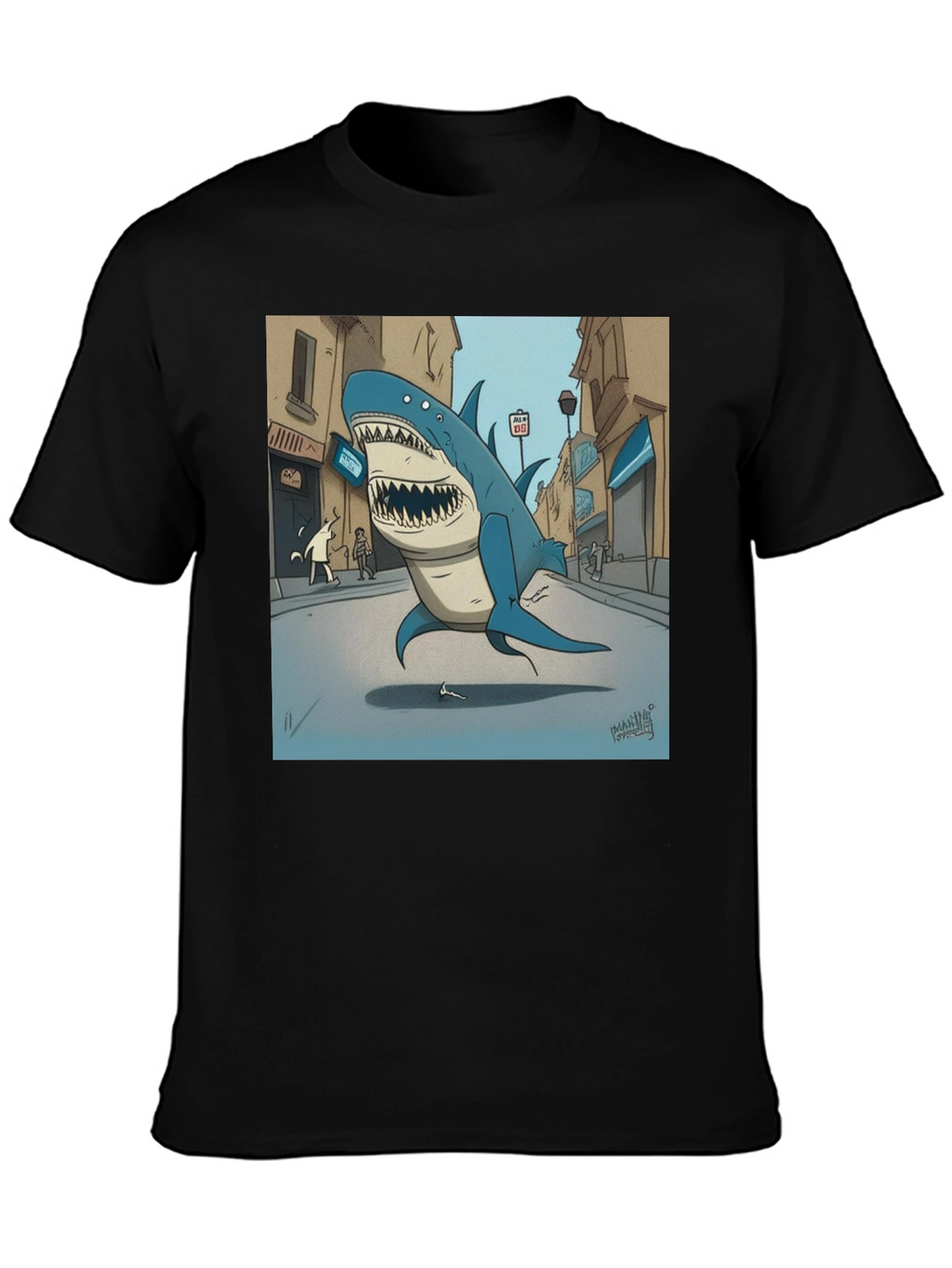 Shark City Cartoon Graphic Tee - Black