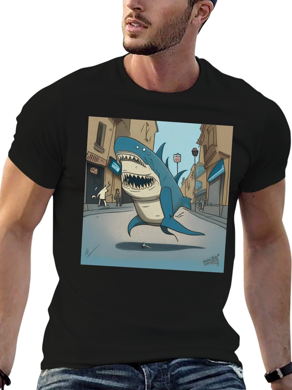 Shark City Cartoon Graphic Tee - Black