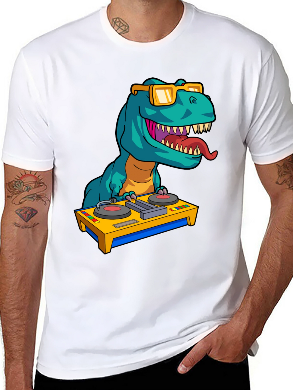 DJ Rex Graphic Tee - Dinosaur Music Lover Shirt
