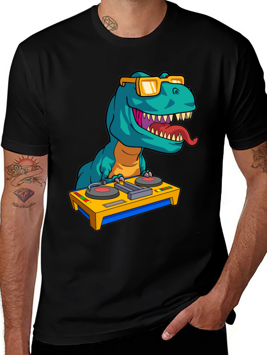 DJ Rex Graphic Tee - Dinosaur Music Lover Shirt