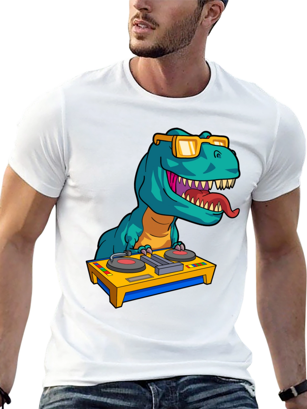 DJ Rex Graphic Tee - Dinosaur Music Lover Shirt