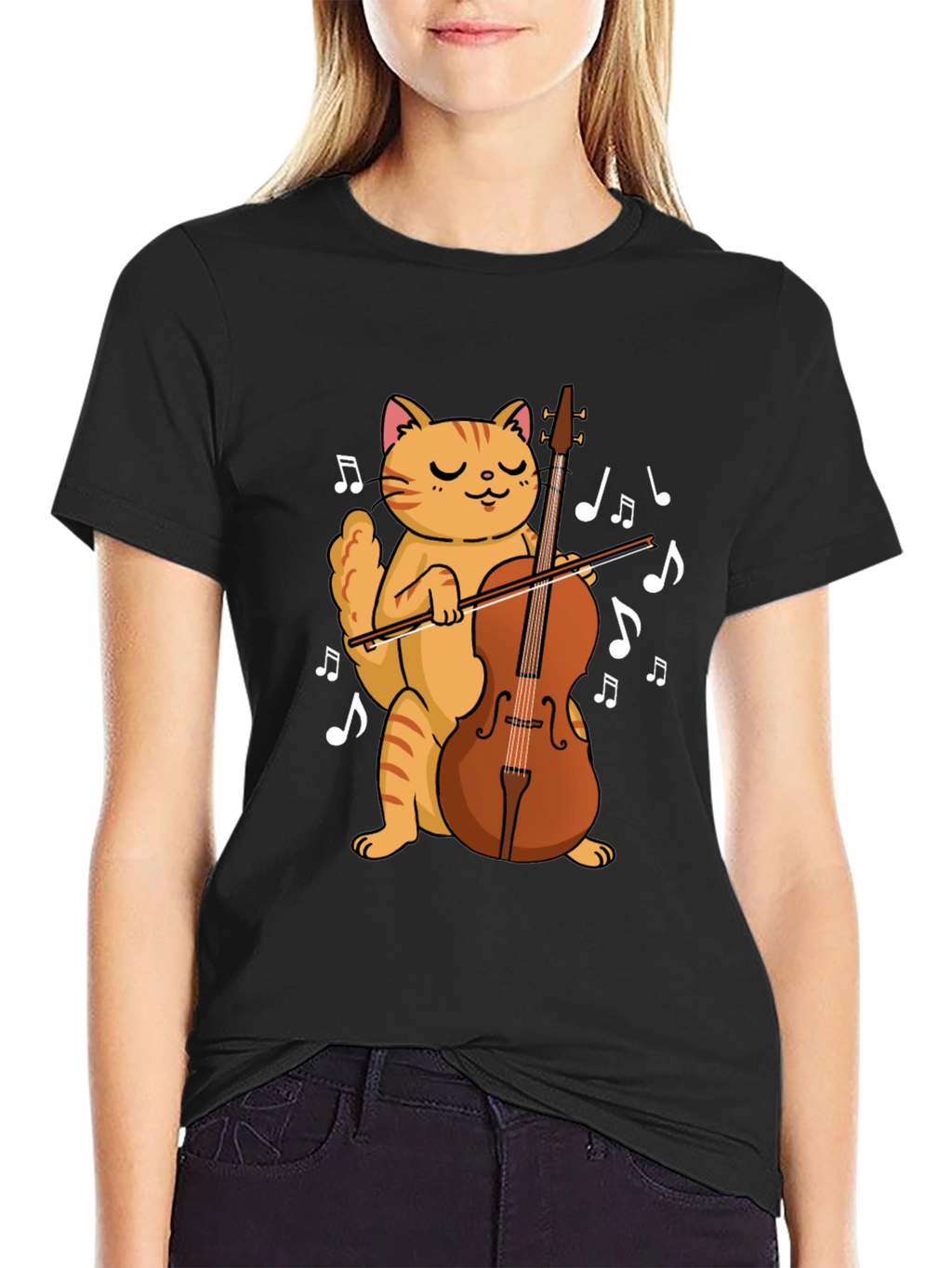 Cat Playing Cello Black T-Shirt