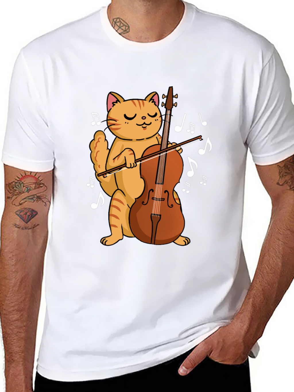 Cat Playing Cello Black T-Shirt