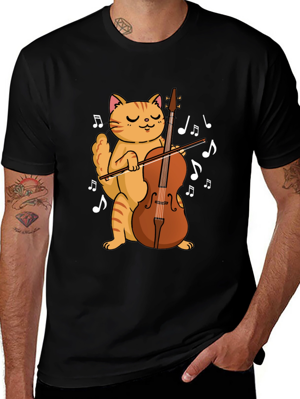 Cat Playing Cello Black T-Shirt