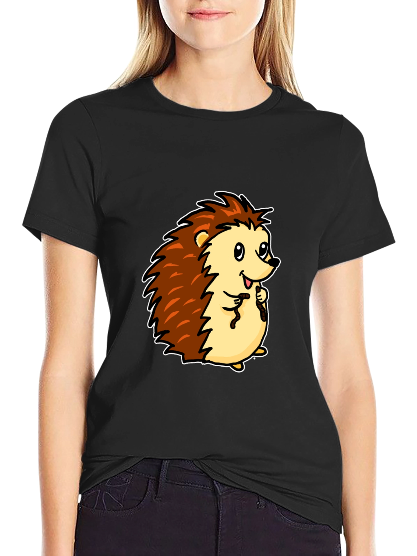Cute Cartoon Hedgehog Black T-Shirt