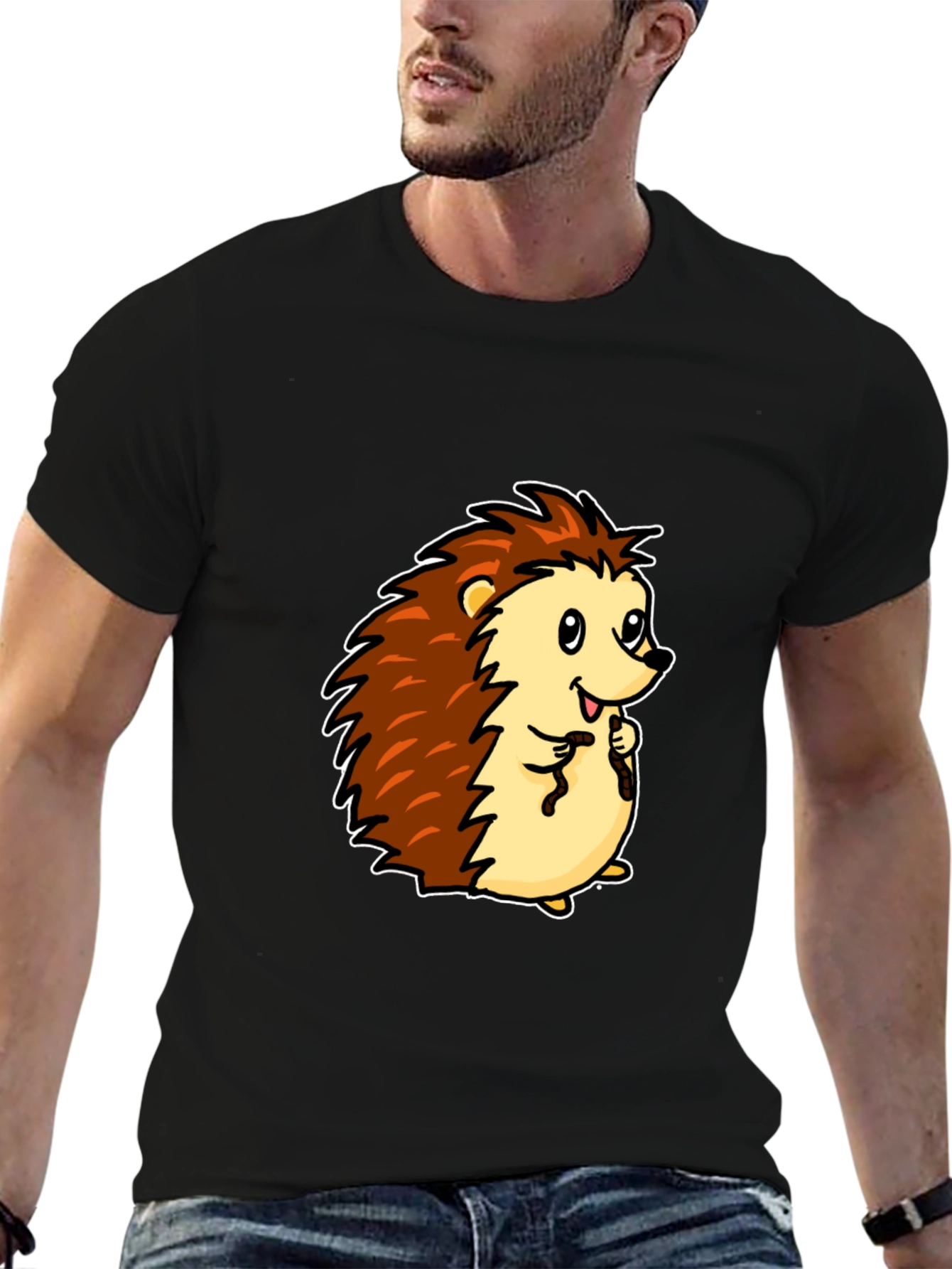 Cute Cartoon Hedgehog Black T-Shirt
