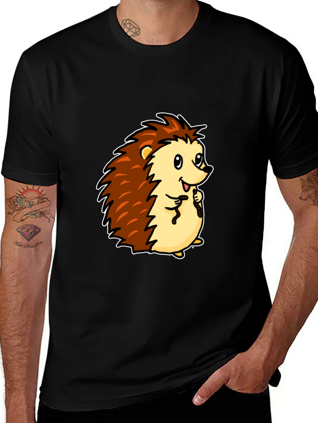 Cute Cartoon Hedgehog Black T-Shirt