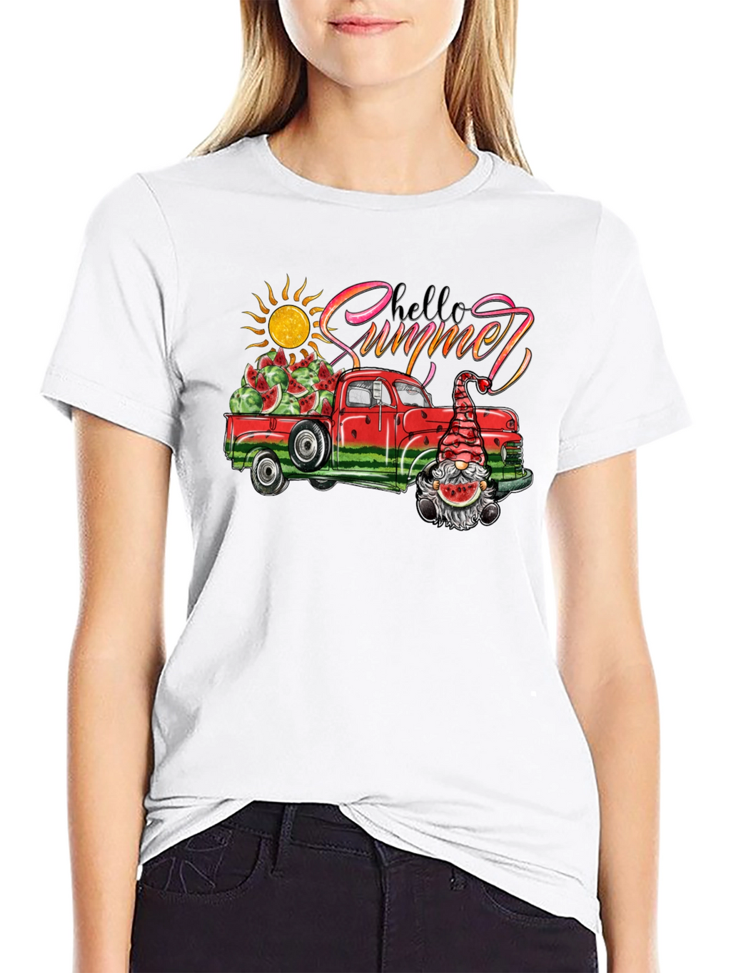 Hello Summer Watermelon Truck Black Tee
