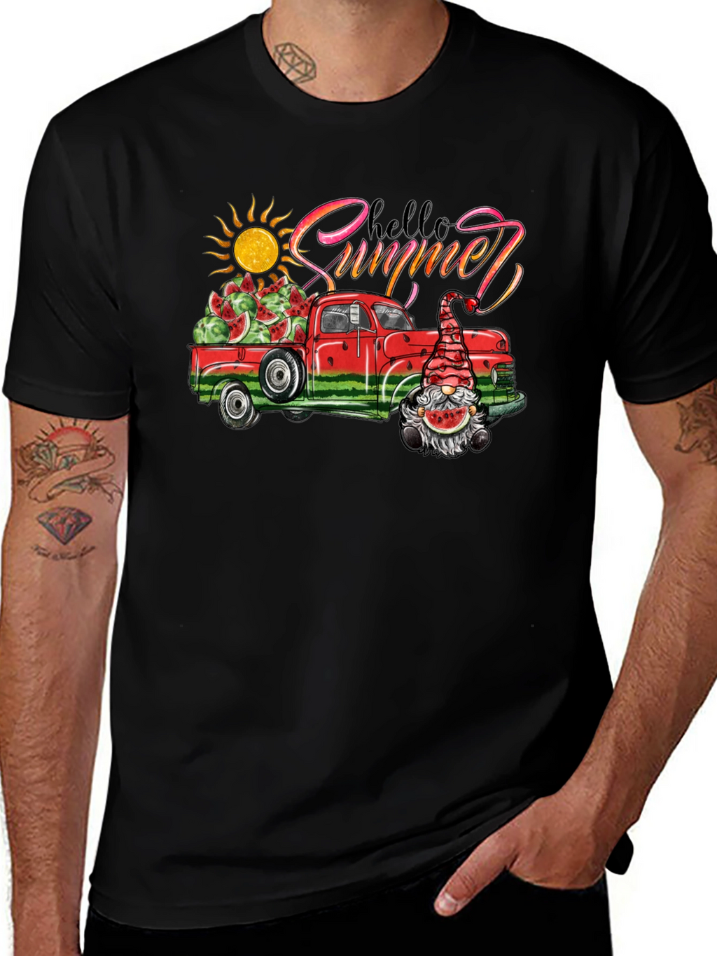 Hello Summer Watermelon Truck Black Tee