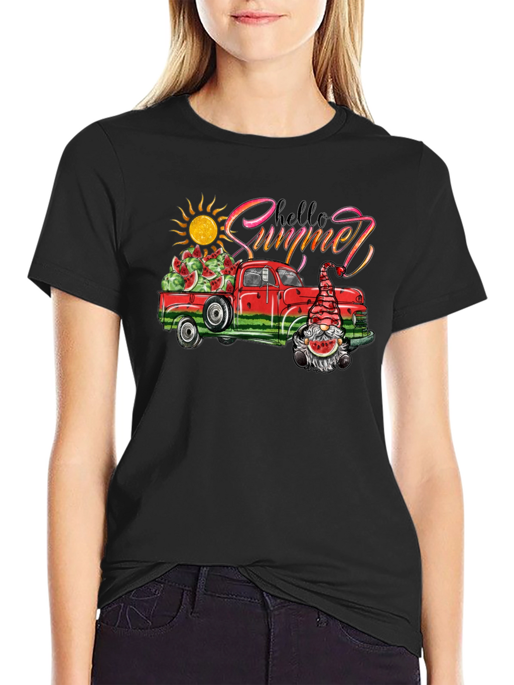 Hello Summer Watermelon Truck Black Tee