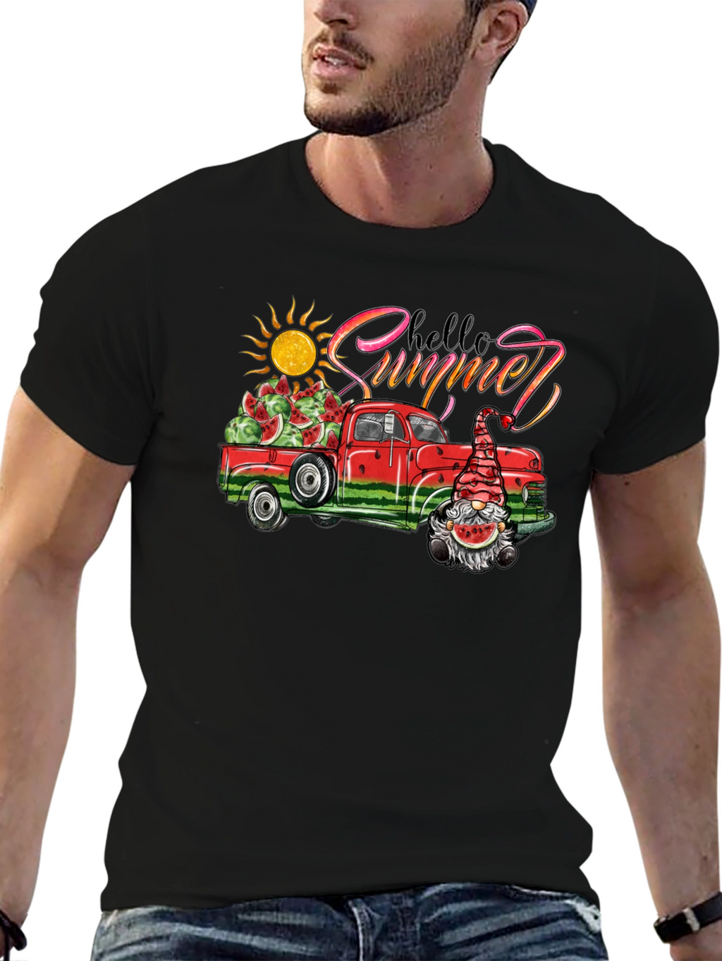 Hello Summer Watermelon Truck Black Tee