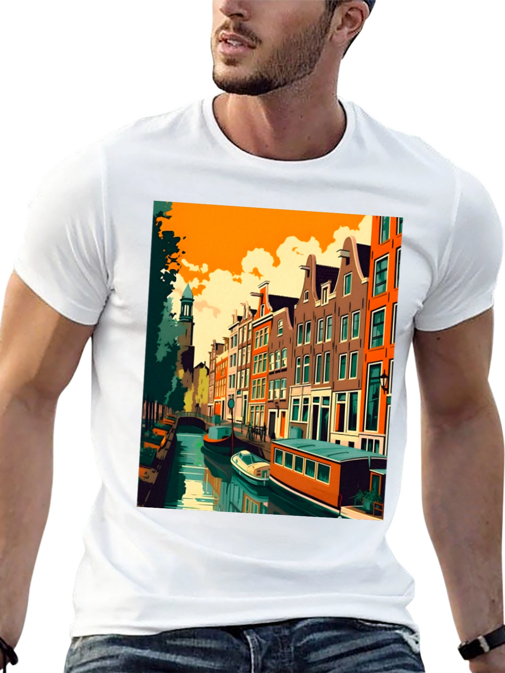 Amsterdam Canal Art T-Shirt - Modern Graphic Tee