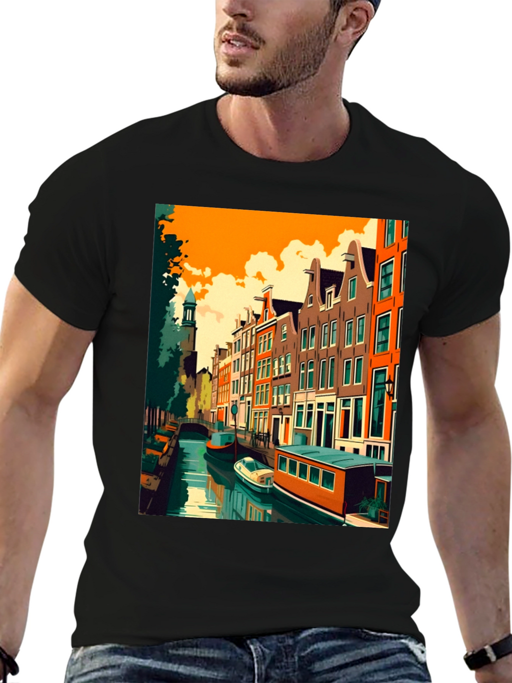 Amsterdam Canal Art T-Shirt - Modern Graphic Tee