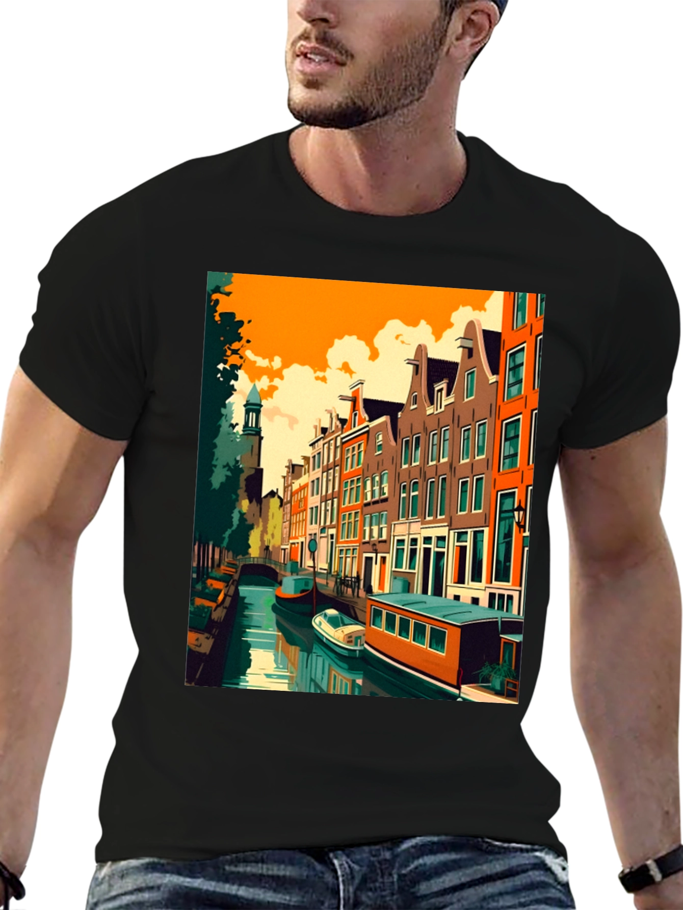 Amsterdam Canal Art T-Shirt - Modern Graphic Tee