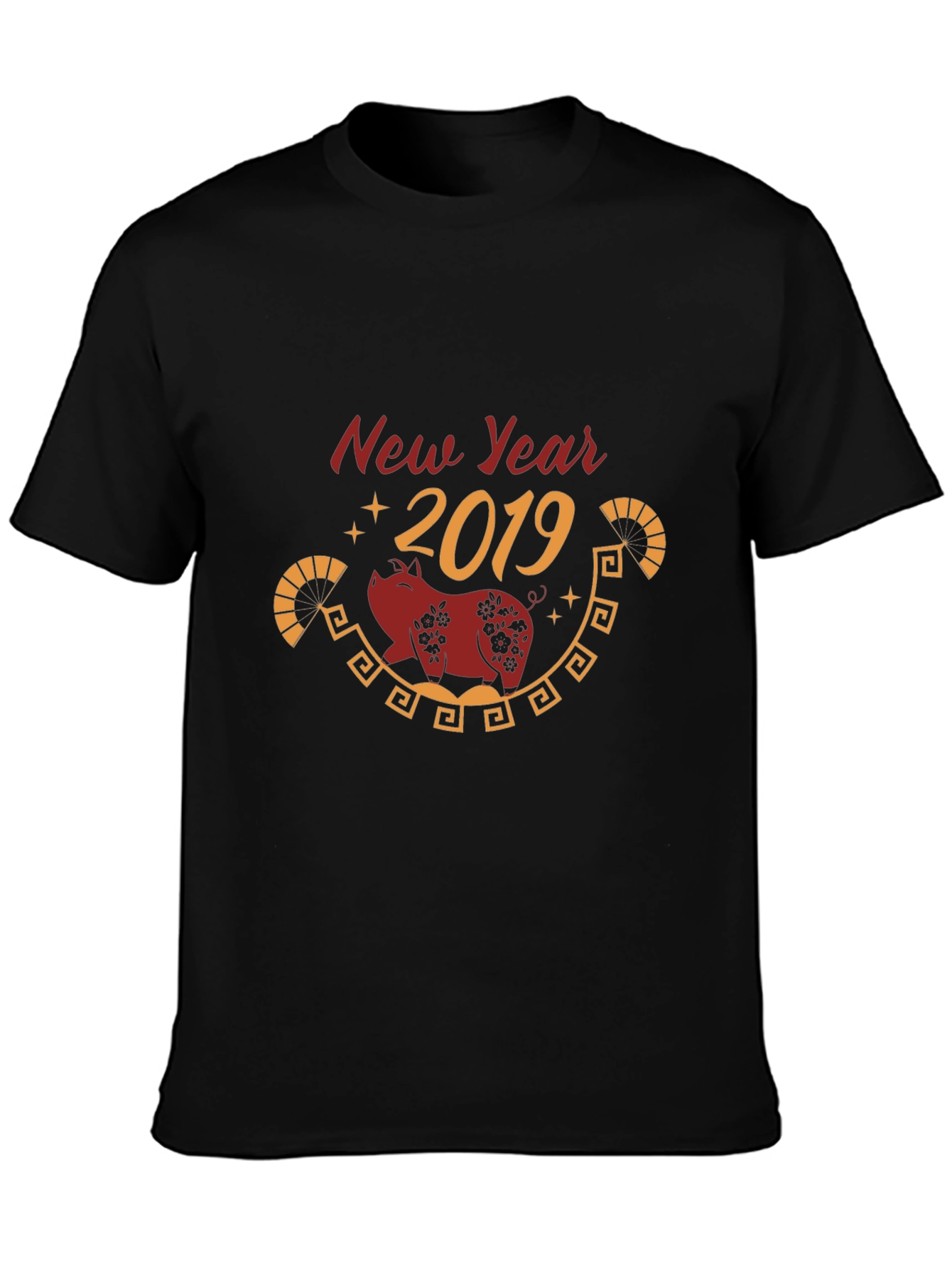 New Year 2019 Pig Graphic Tee - Black Cotton Blend