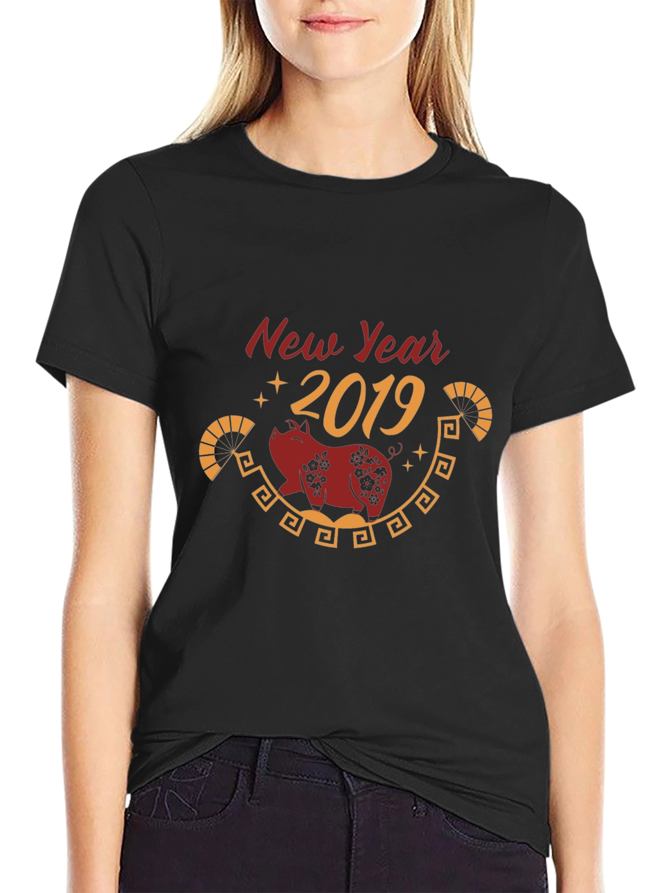 New Year 2019 Pig Graphic Tee - Black Cotton Blend