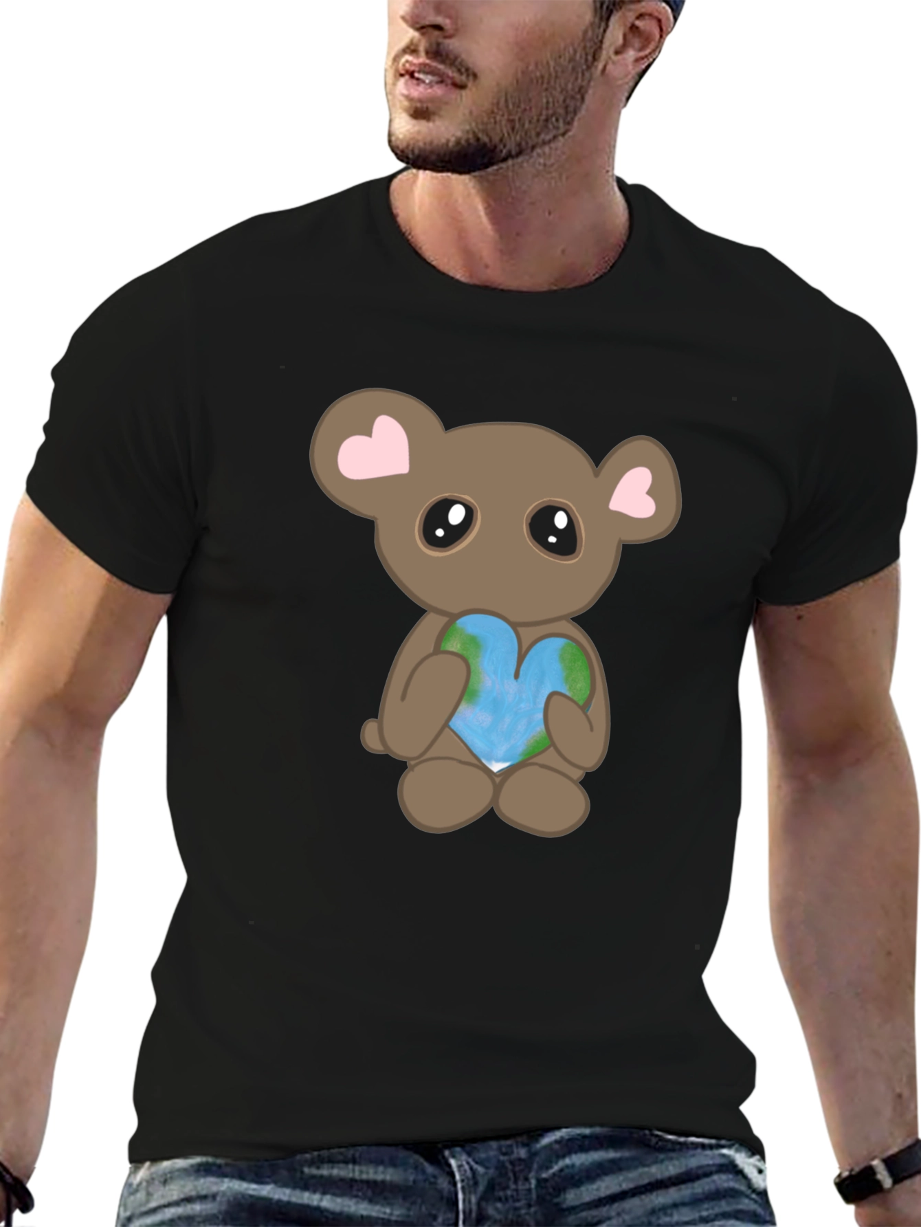 Cute Bear Holding Heart Earth Graphic T-Shirt