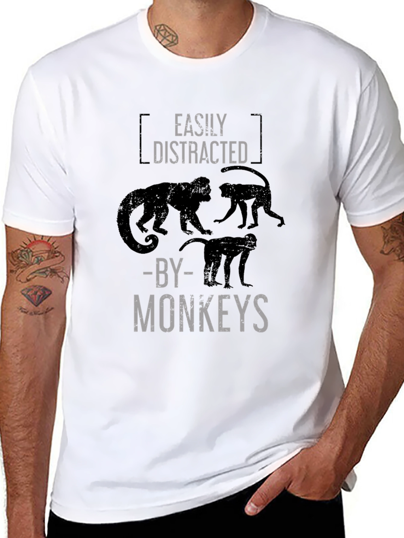 Easily Distracted By Monkeys Black Graphic T-Shirt