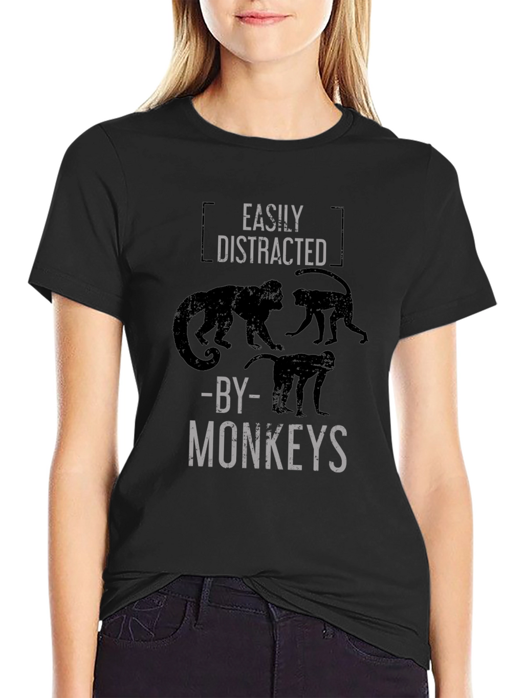 Easily Distracted By Monkeys Black Graphic T-Shirt