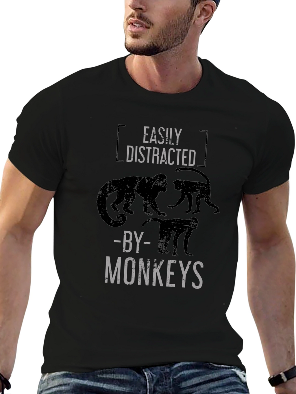 Easily Distracted By Monkeys Black Graphic T-Shirt