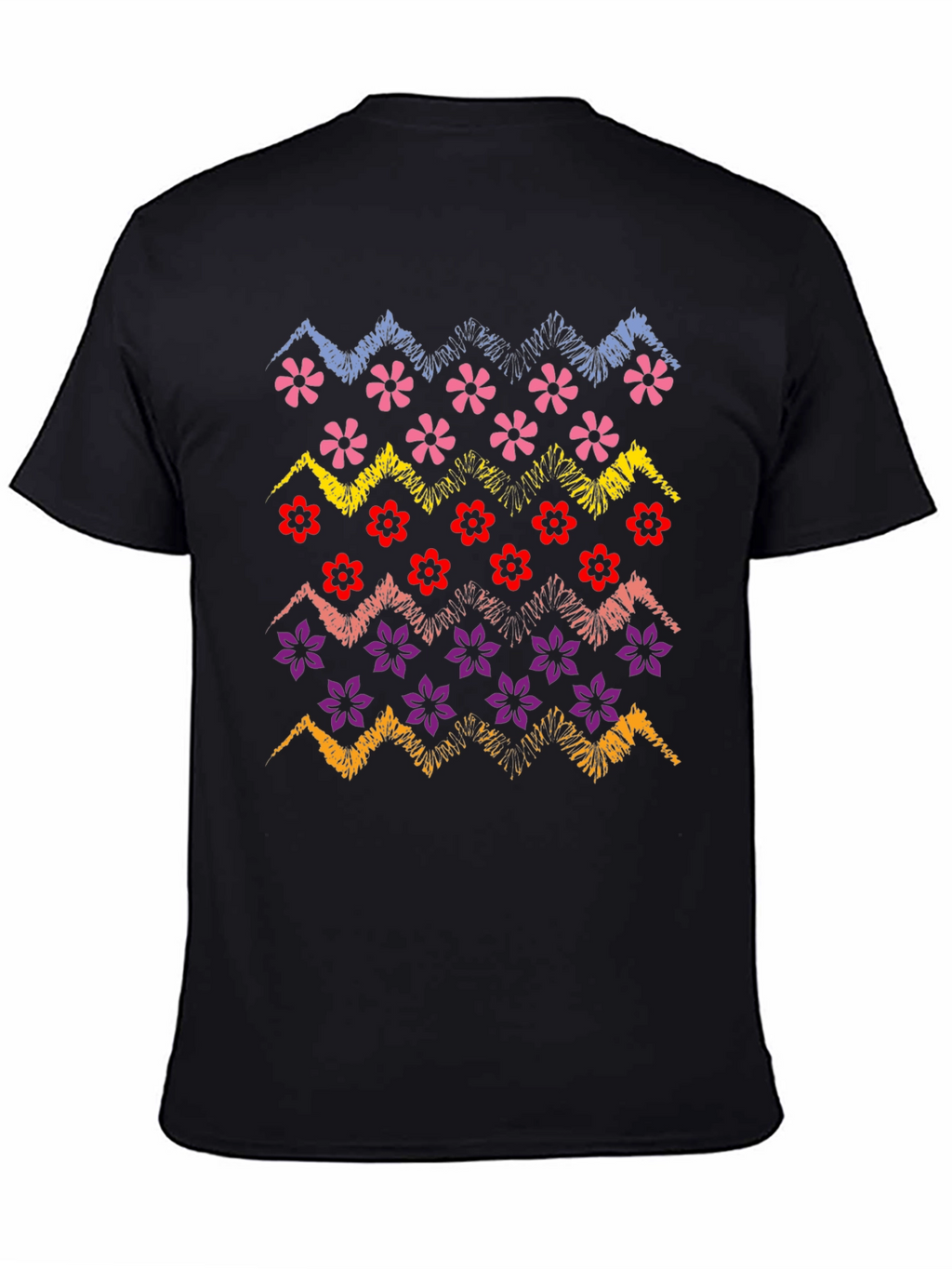 Floral Zig-Zag Graphic Print Black T-Shirt