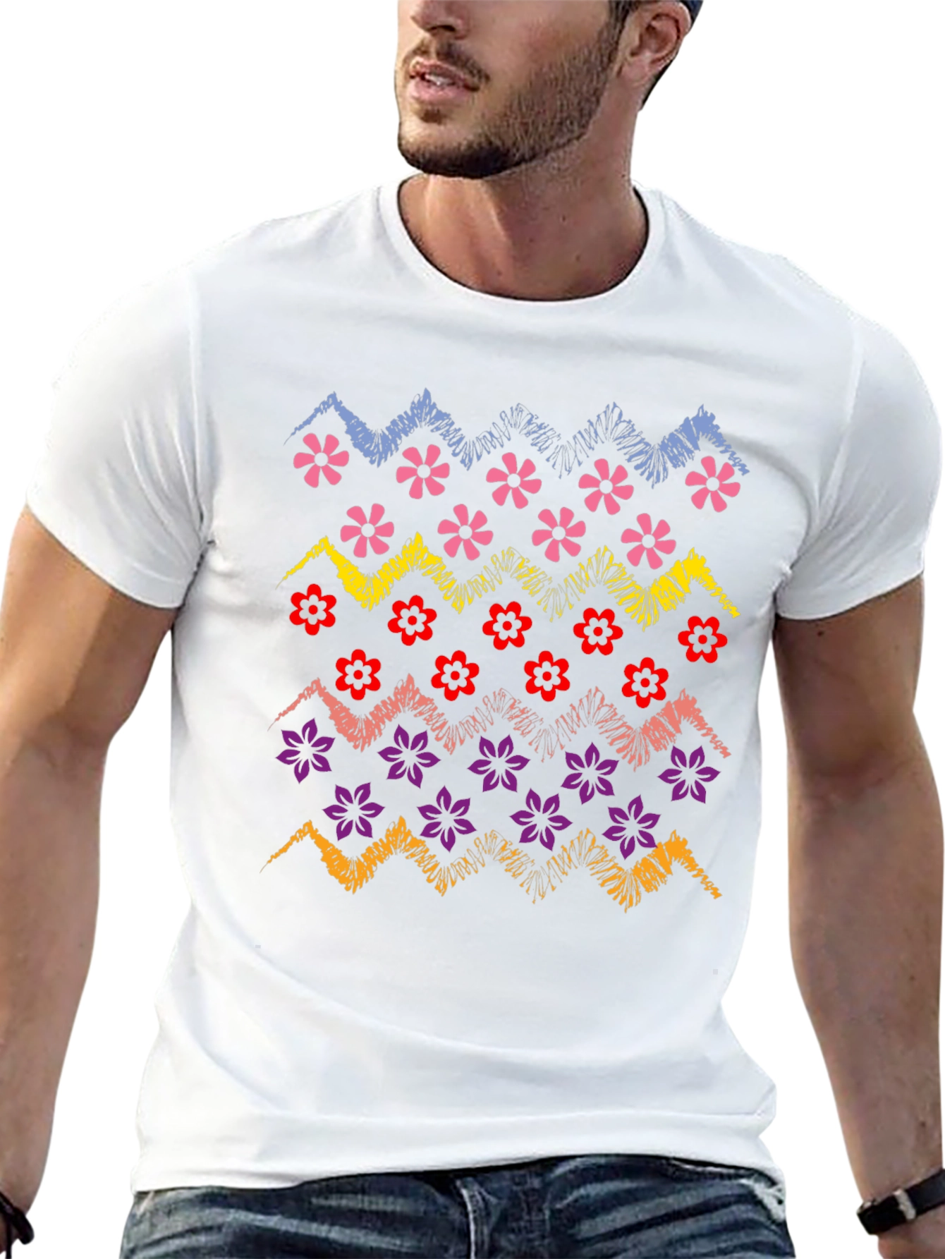 Floral Zig-Zag Graphic Print Black T-Shirt