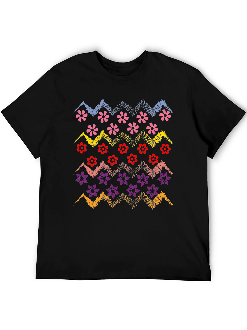 Floral Zig-Zag Graphic Print Black T-Shirt