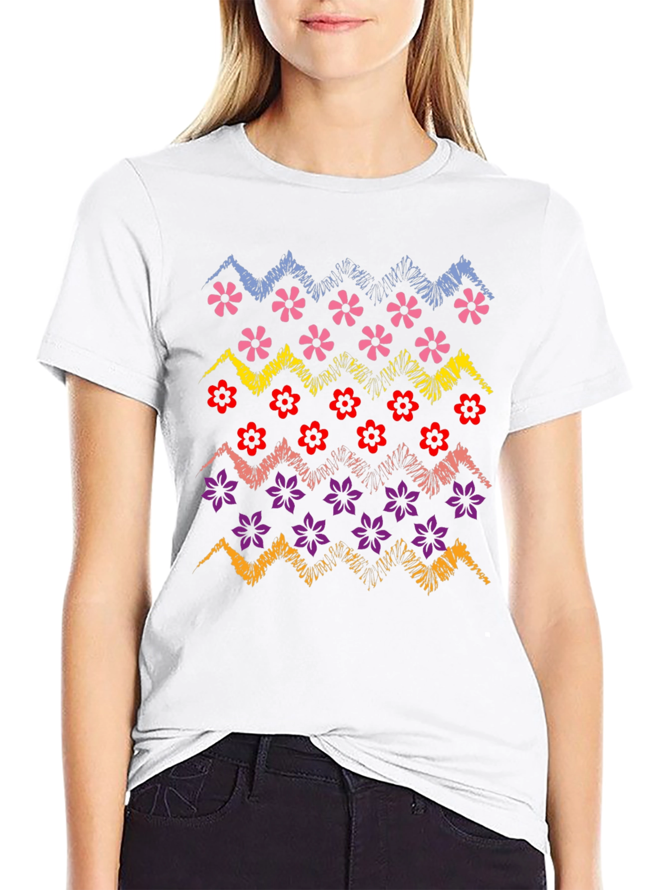 Floral Zig-Zag Graphic Print Black T-Shirt