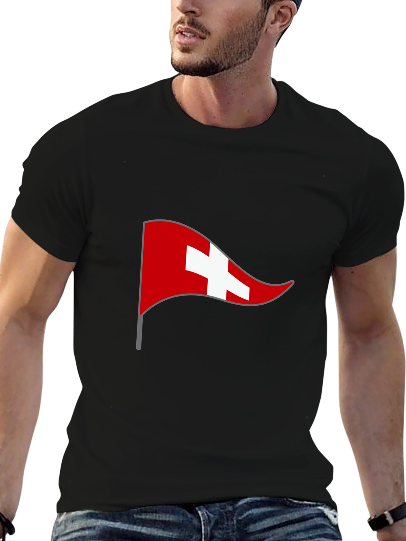 Swiss Flag Graphic Tee - Black Casual T-Shirt