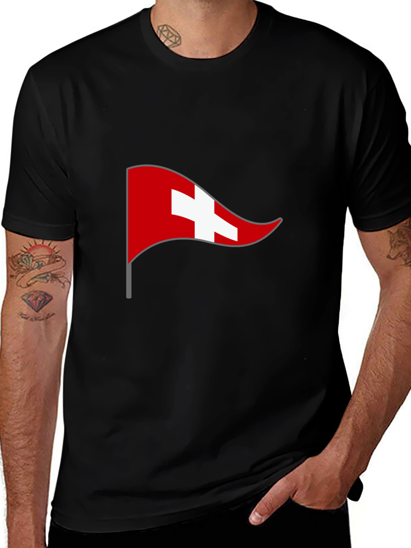 Swiss Flag Graphic Tee - Black Casual T-Shirt