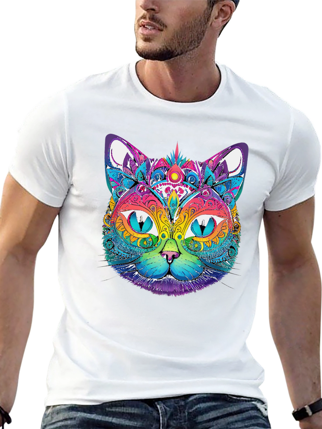 Vibrant Psychedelic Cat Graphic T-Shirt