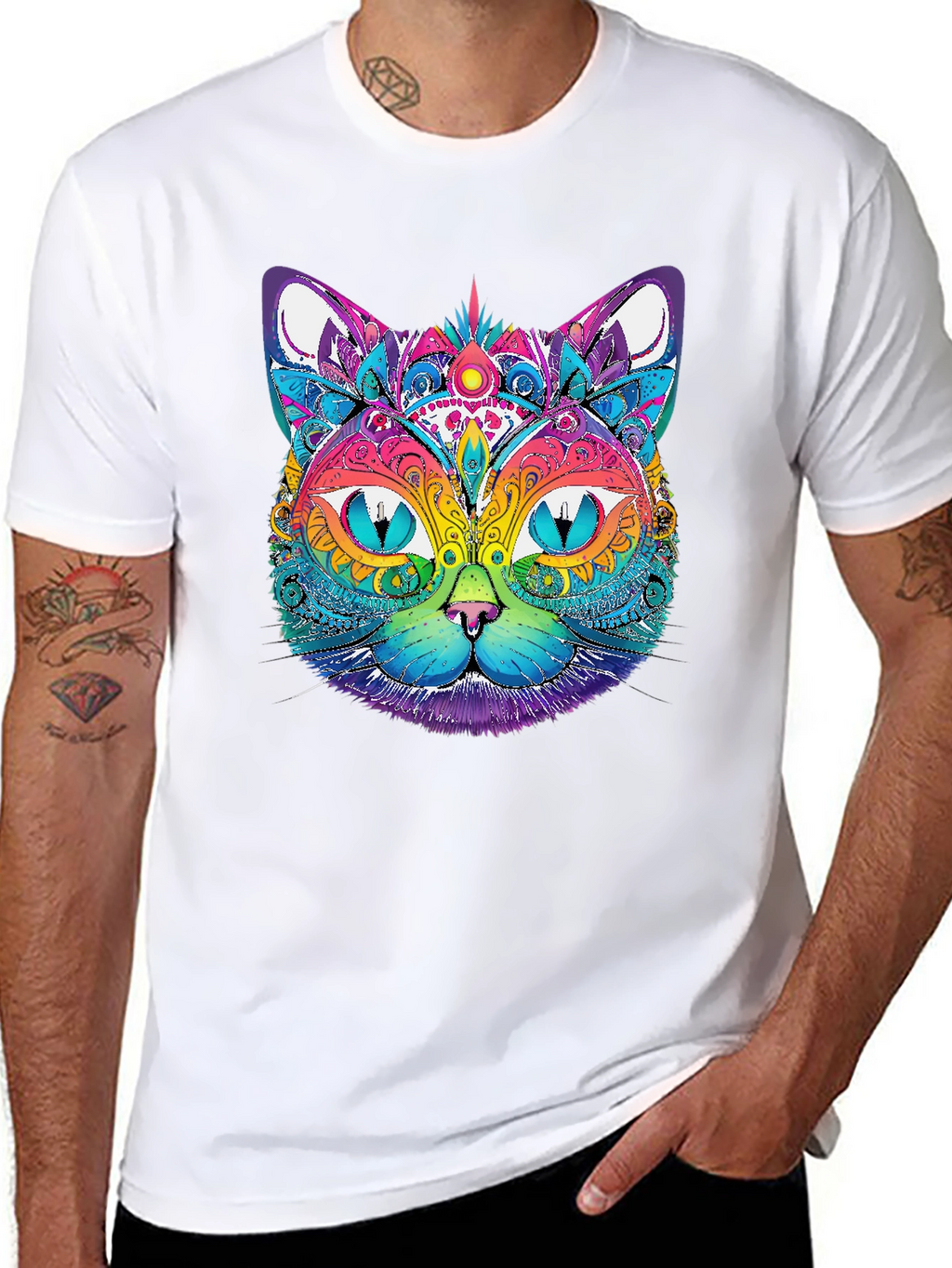 Vibrant Psychedelic Cat Graphic T-Shirt