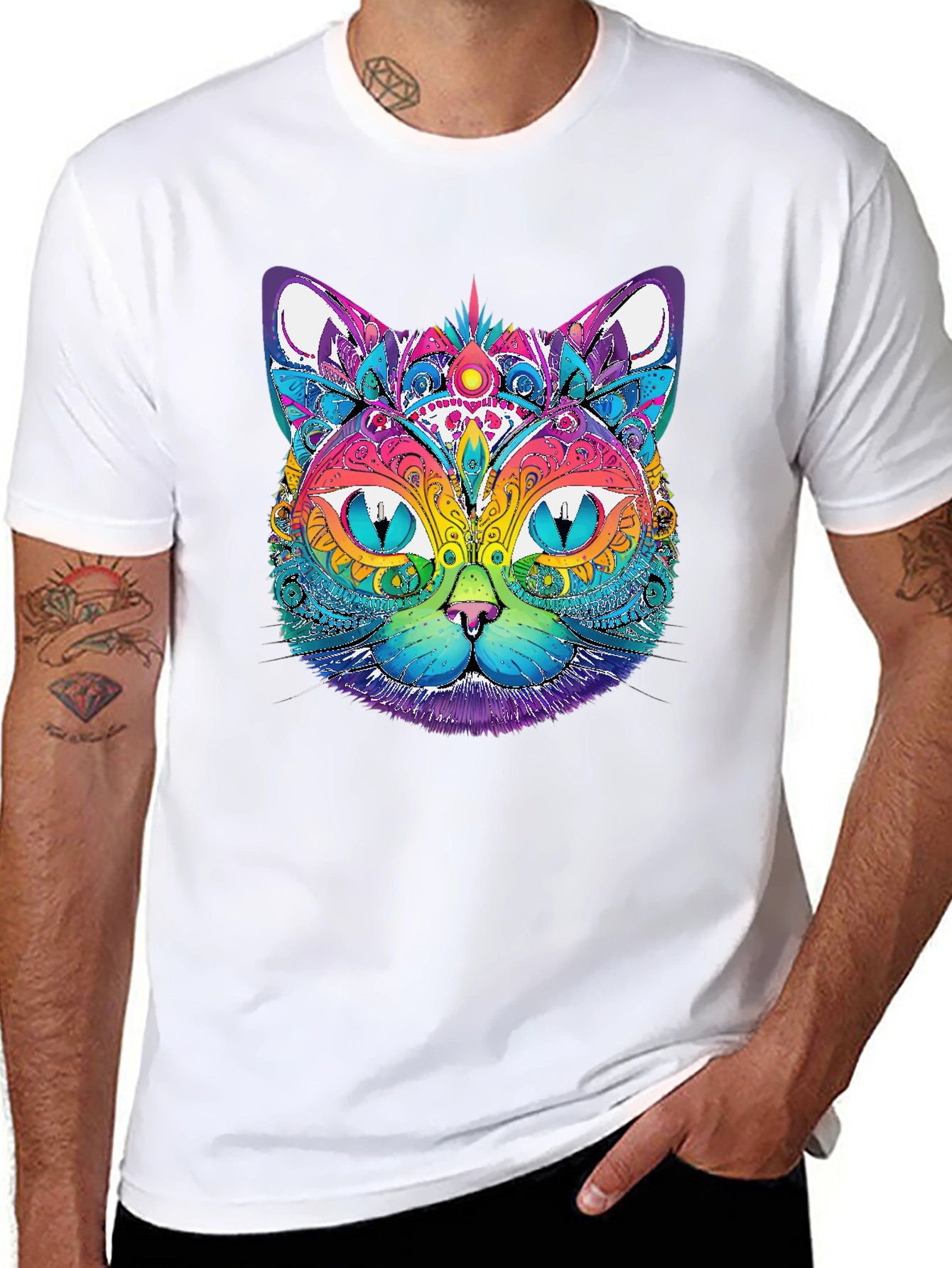 Vibrant Psychedelic Cat Graphic T-Shirt