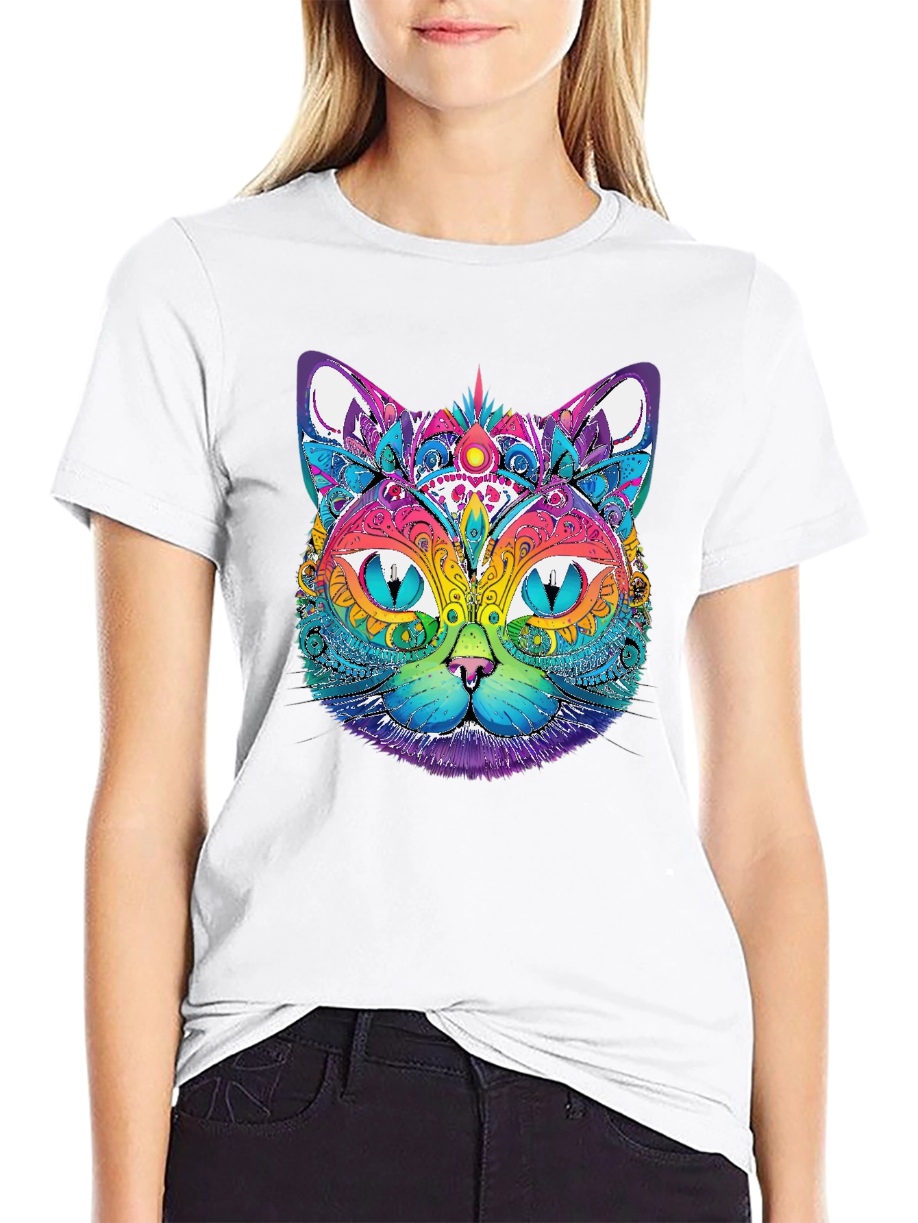 Vibrant Psychedelic Cat Graphic T-Shirt