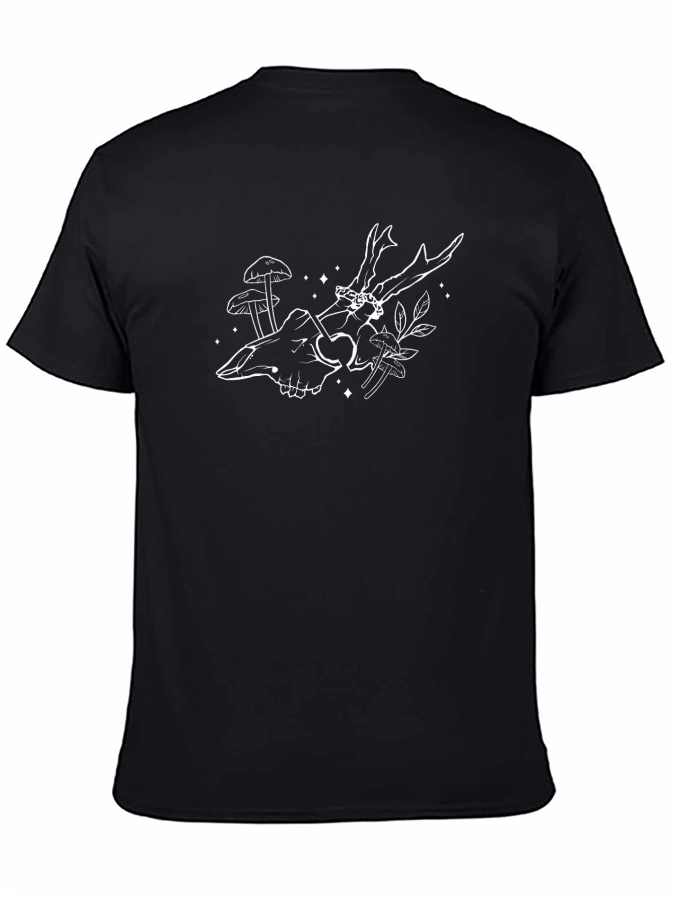 Mens Black Tee with Skull and Antler Design