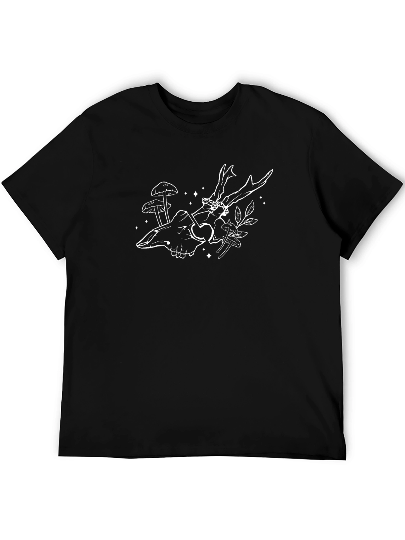 Mens Black Tee with Skull and Antler Design
