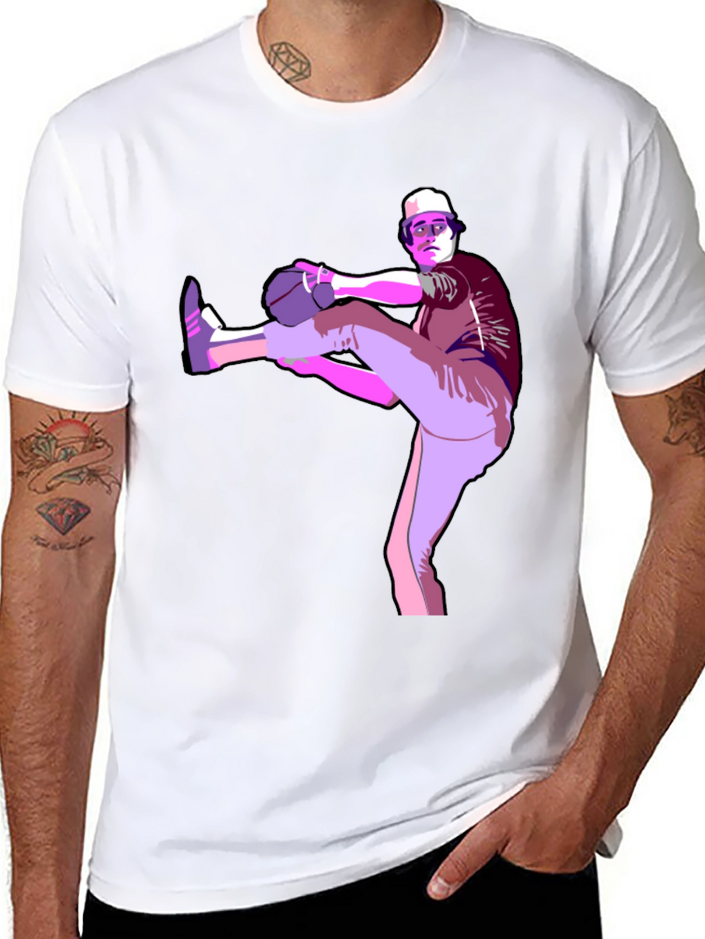 Baseball Pitcher Graphic Tee - Black Cotton Blend