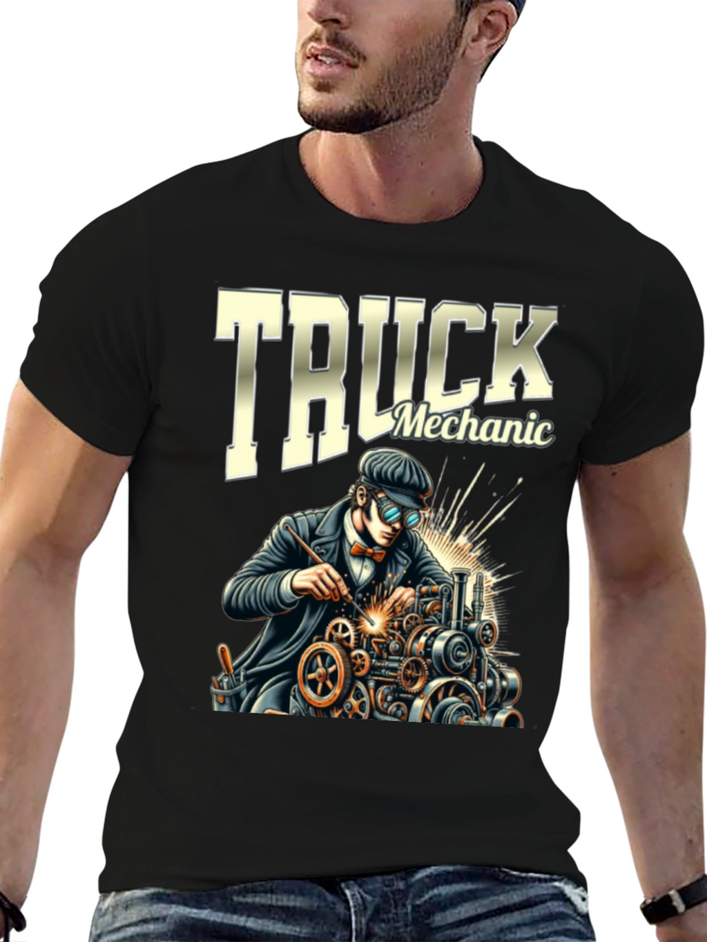 Truck Mechanic Graphic T-Shirt - Black