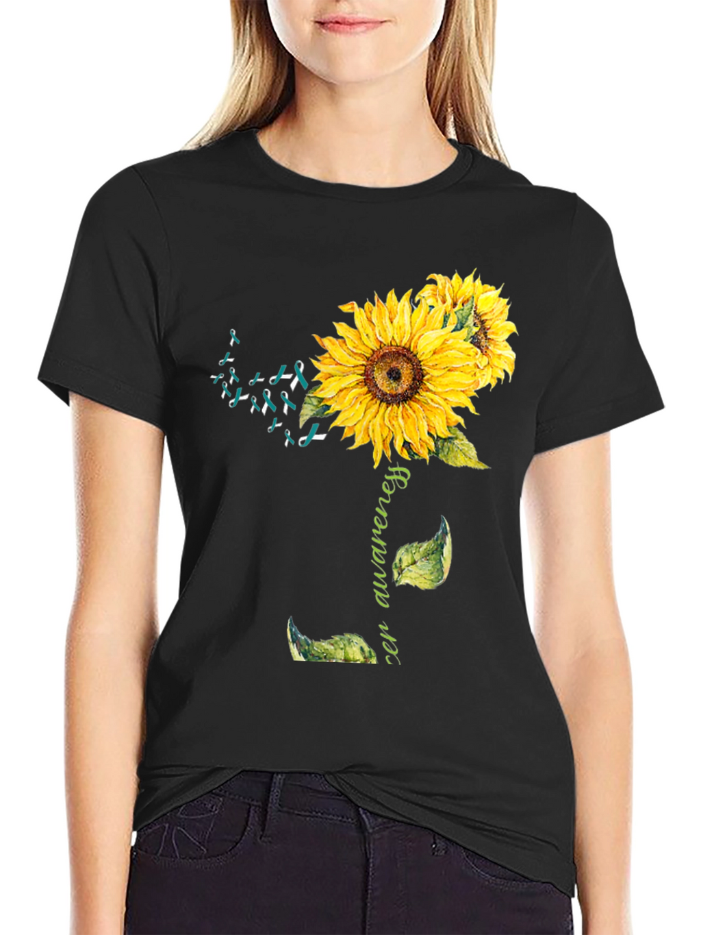 Sunflower Teal Ribbon Cancer Awareness T-Shirt