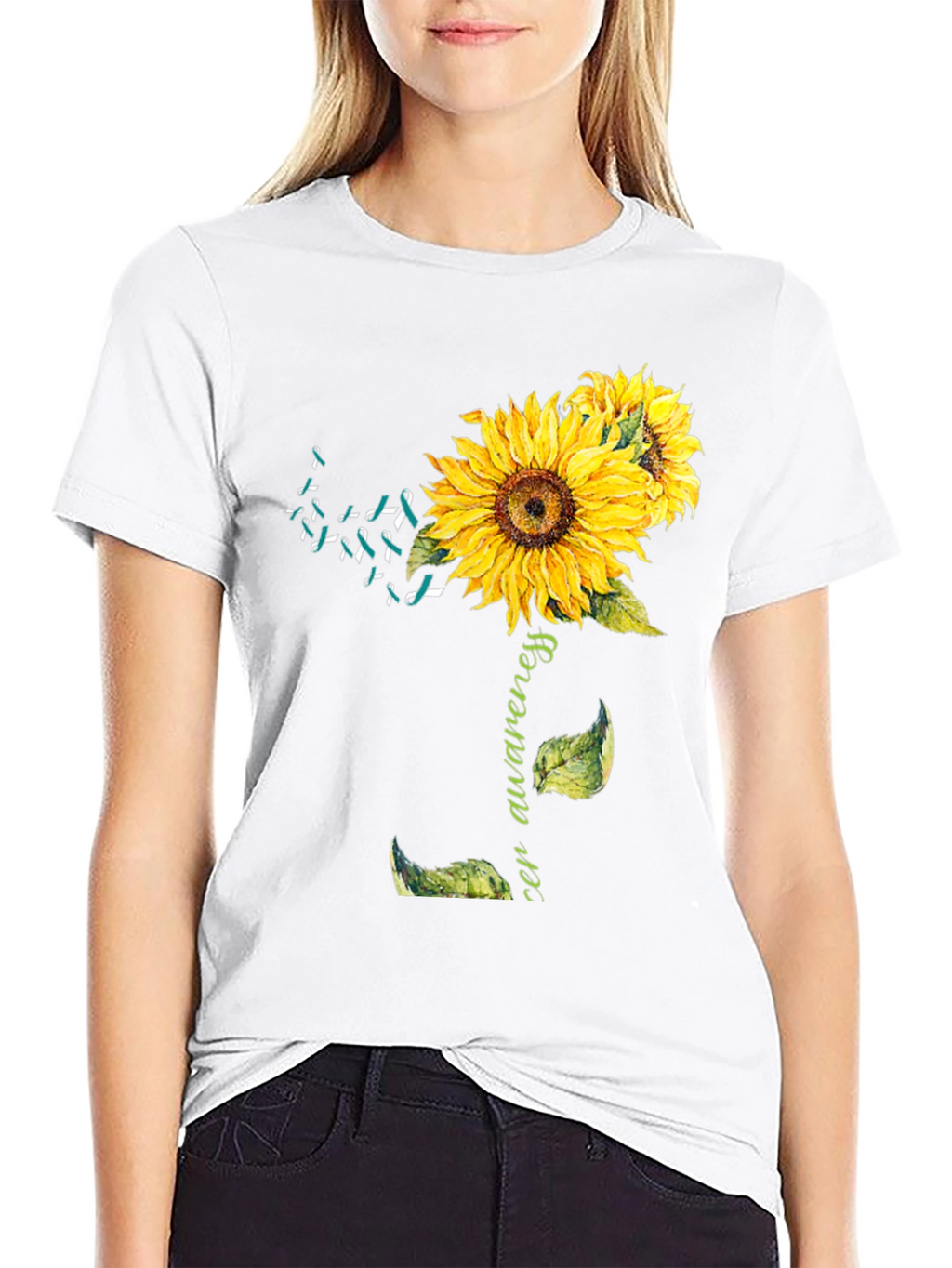 Sunflower Teal Ribbon Cancer Awareness T-Shirt