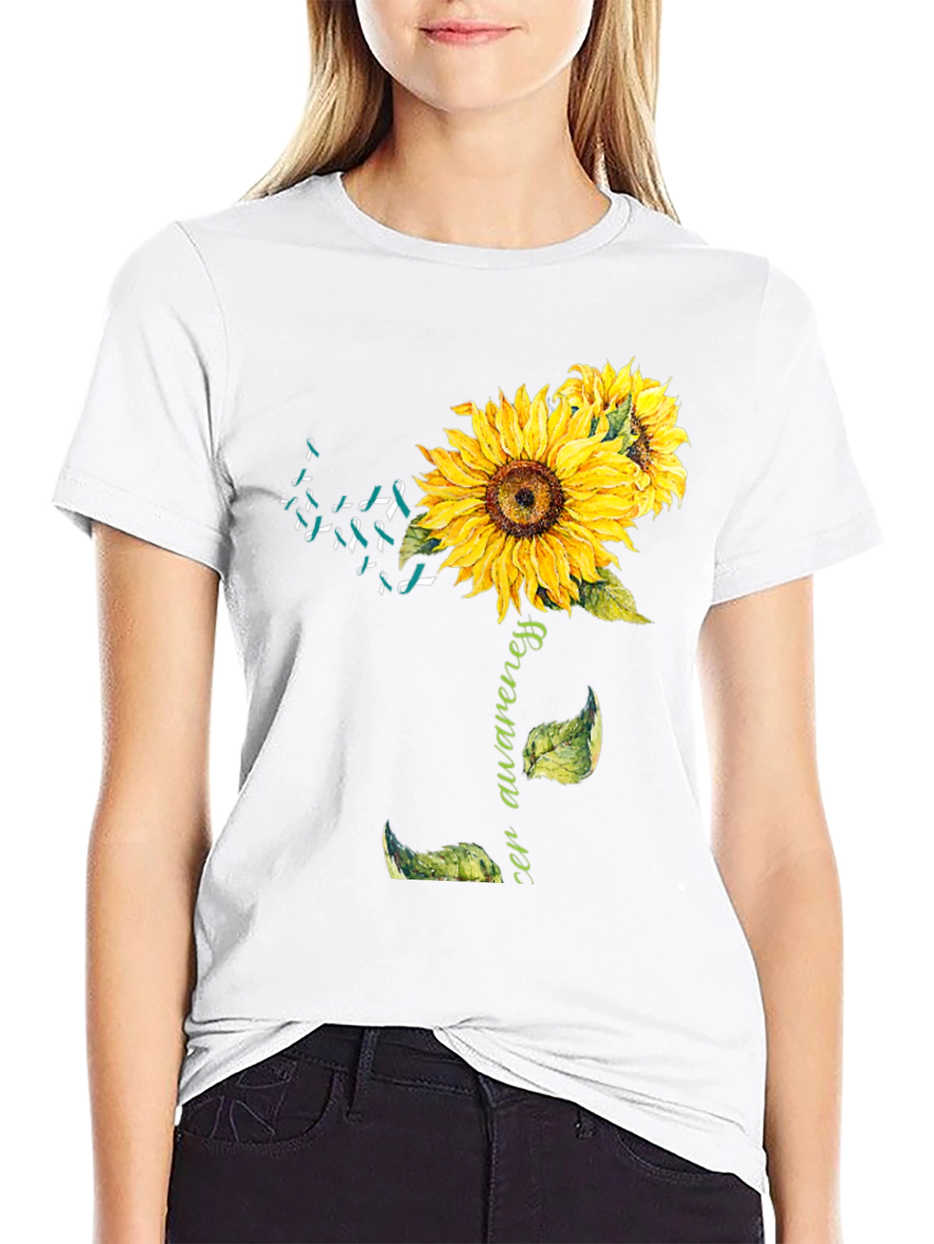 Sunflower Teal Ribbon Cancer Awareness T-Shirt