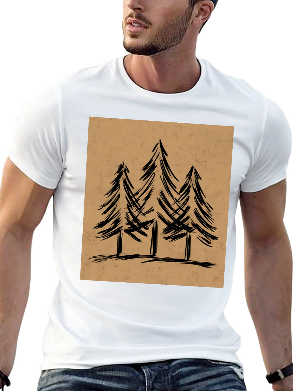Mens Black Graphic Tee - Forest Tree Design