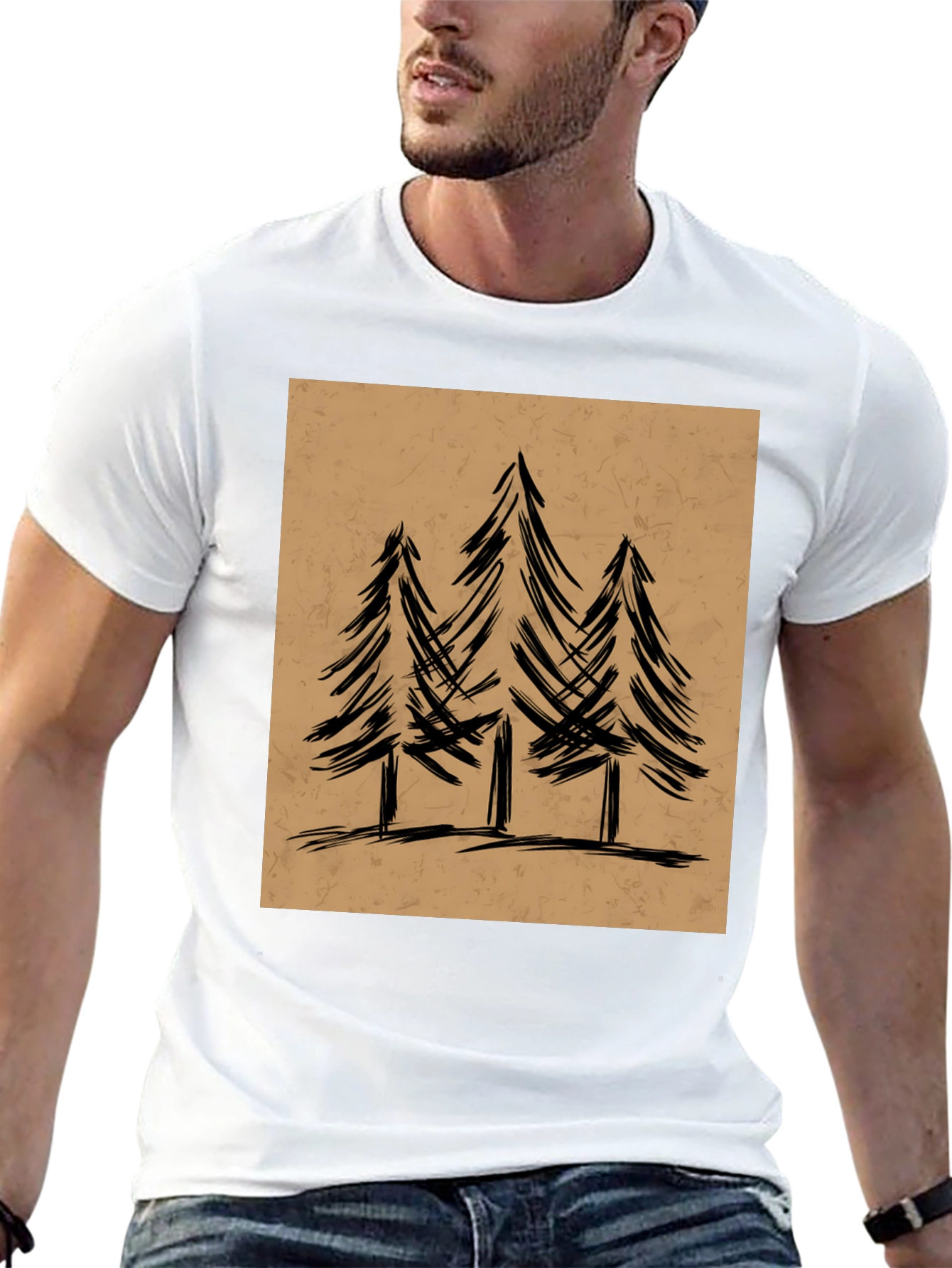 Mens Black Graphic Tee - Forest Tree Design