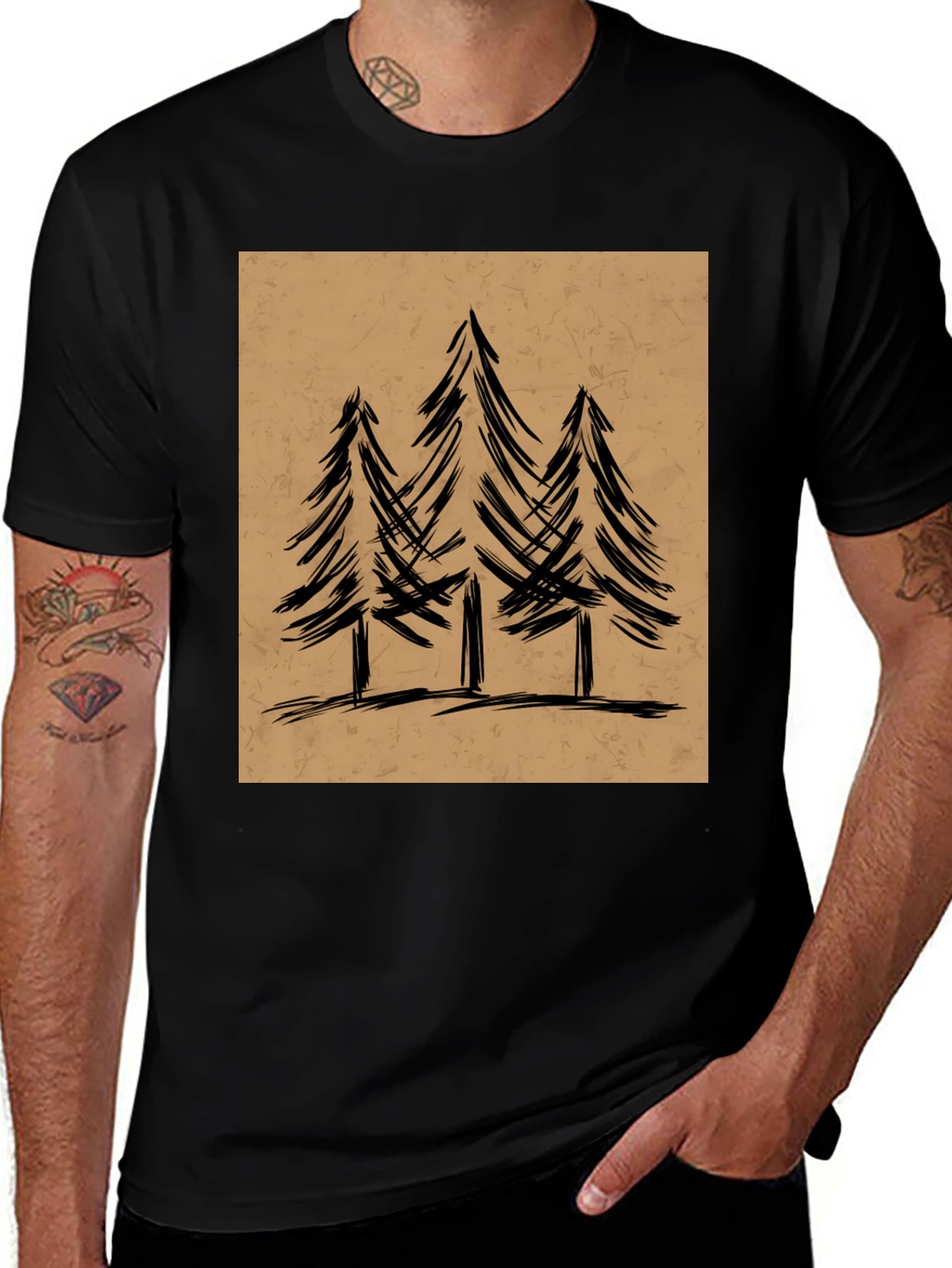 Mens Black Graphic Tee - Forest Tree Design
