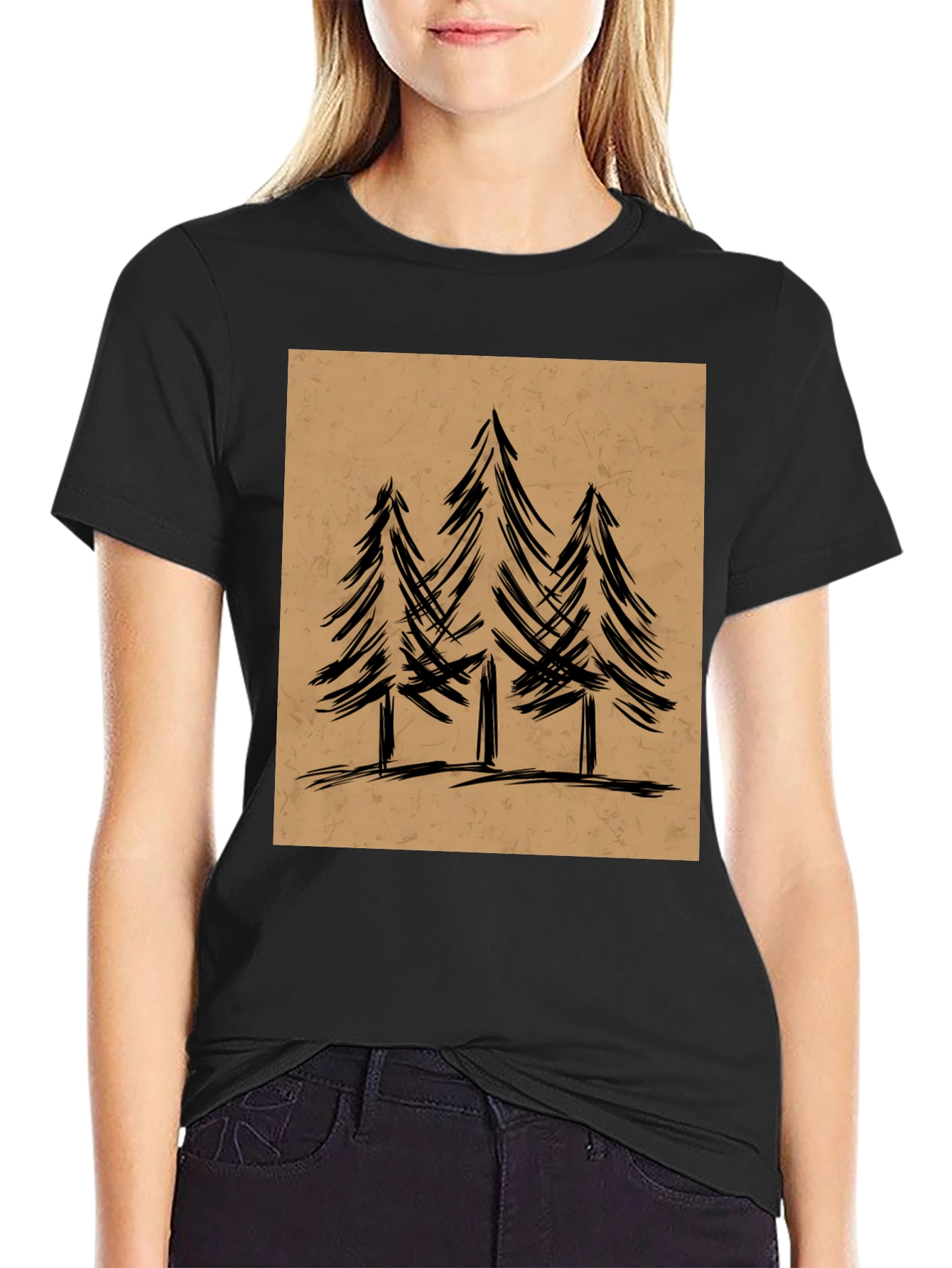 Mens Black Graphic Tee - Forest Tree Design