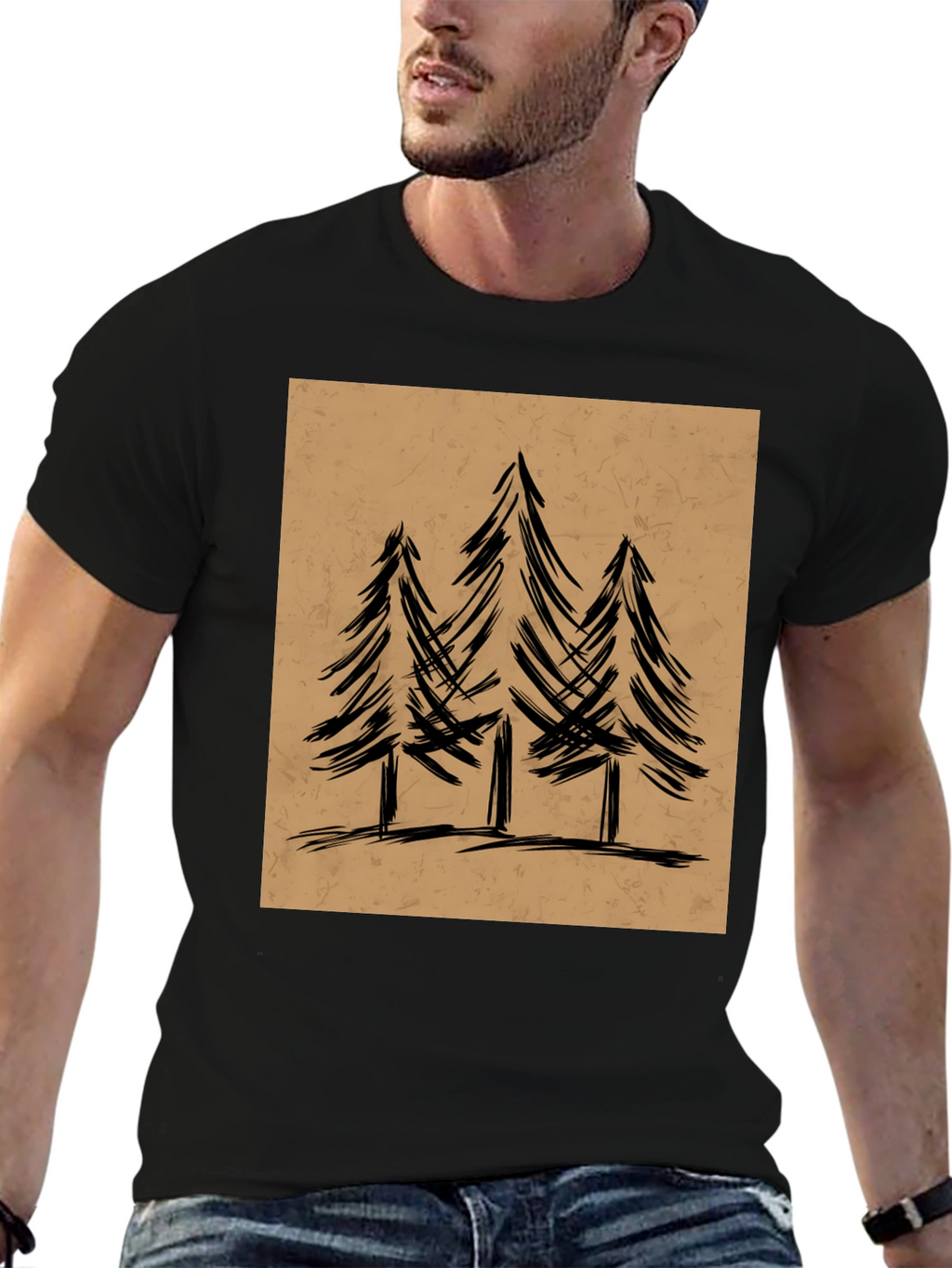 Mens Black Graphic Tee - Forest Tree Design