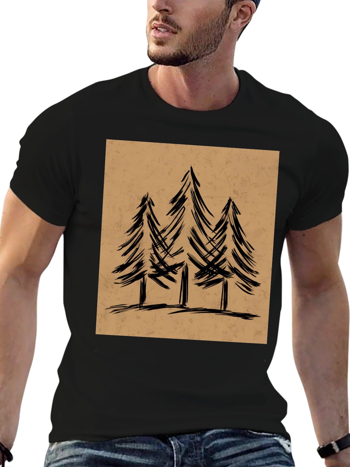 Mens Black Graphic Tee - Forest Tree Design